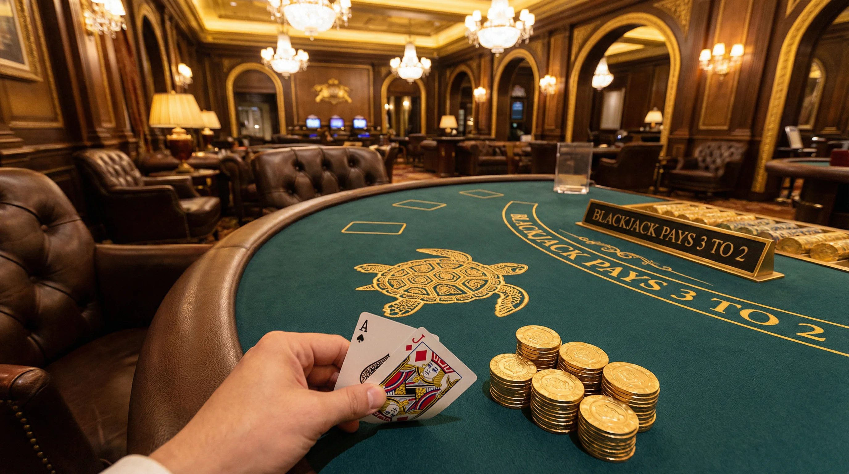 Mesa de blackjack elegante con tortuga dorada