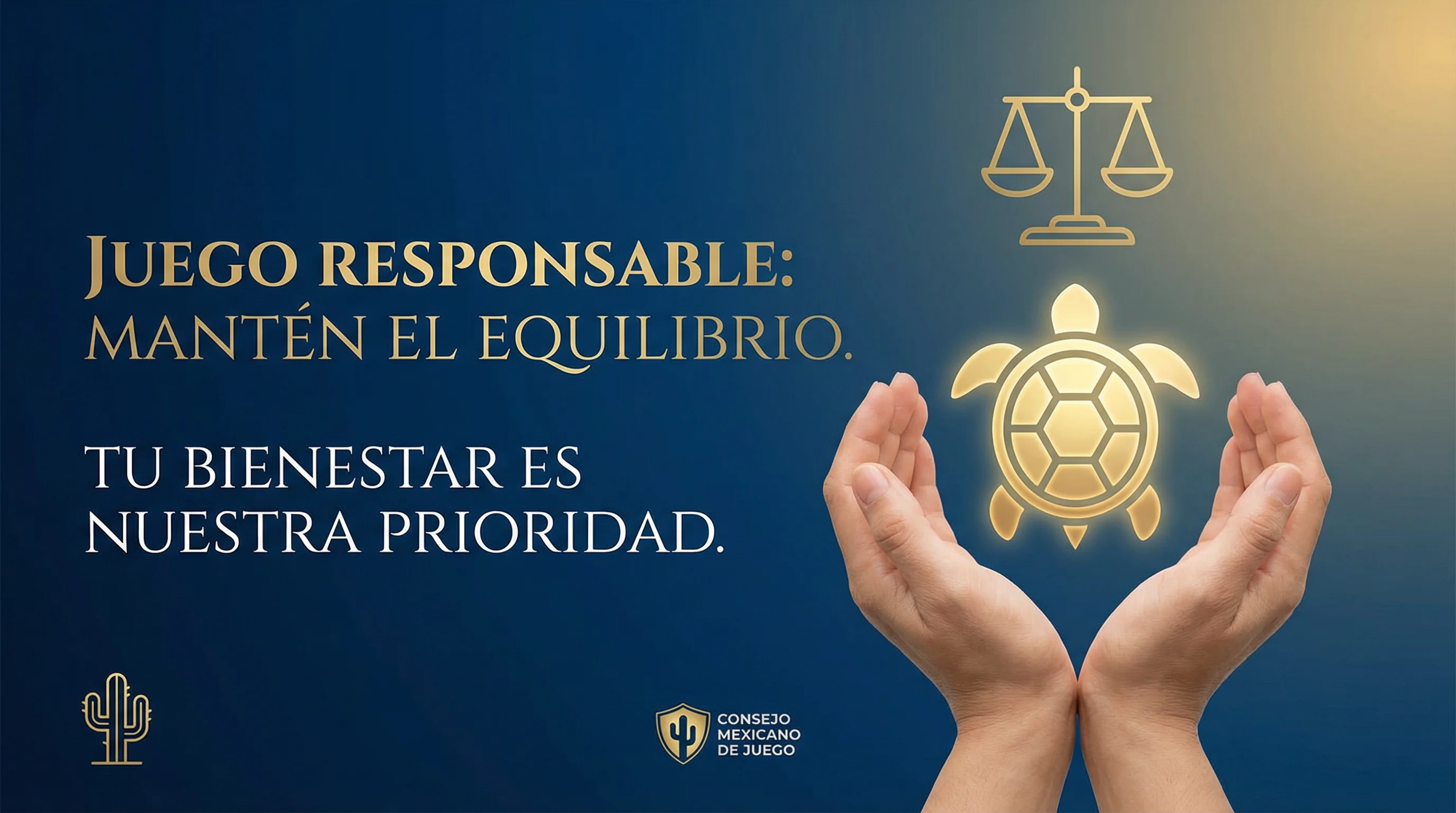 Juego responsable con manos sosteniendo tortuga dorada y balanza de equilibrio